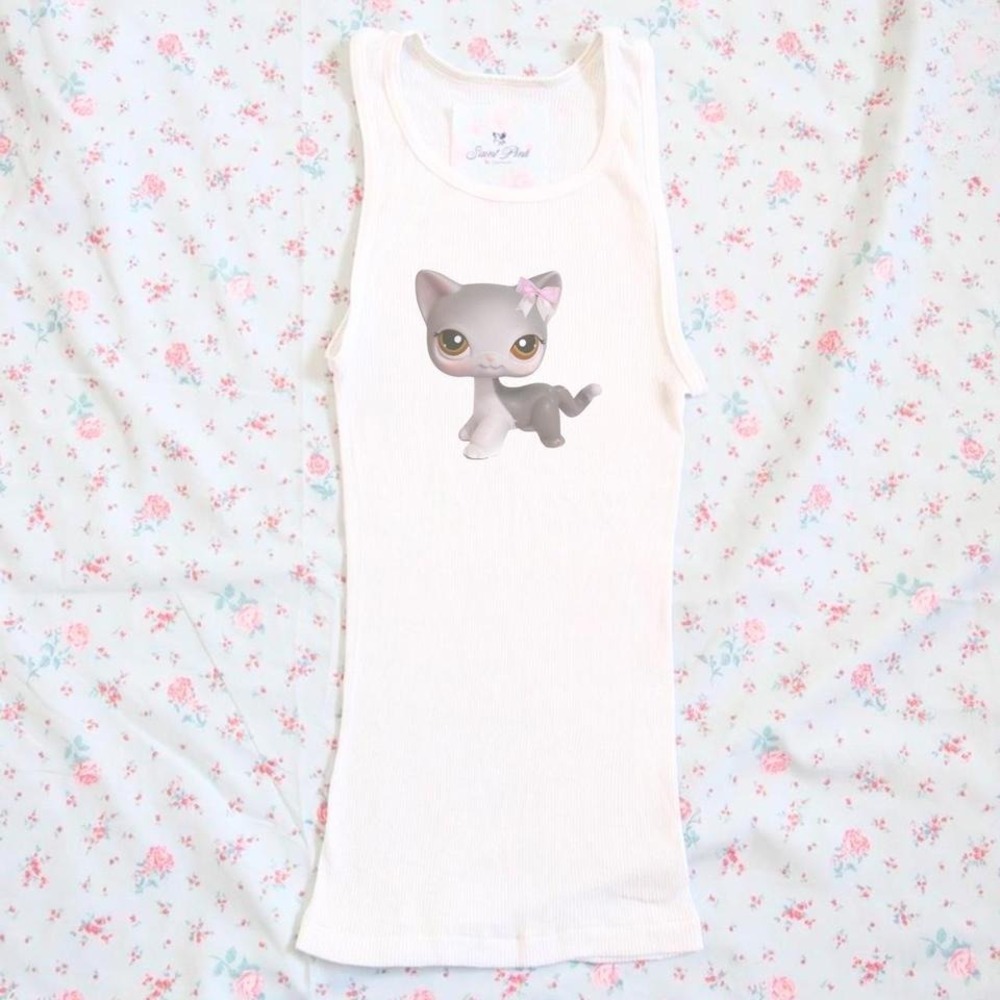 y2k lps grey cat pink bow graphic white ribbed tank top animal littlest pet shop